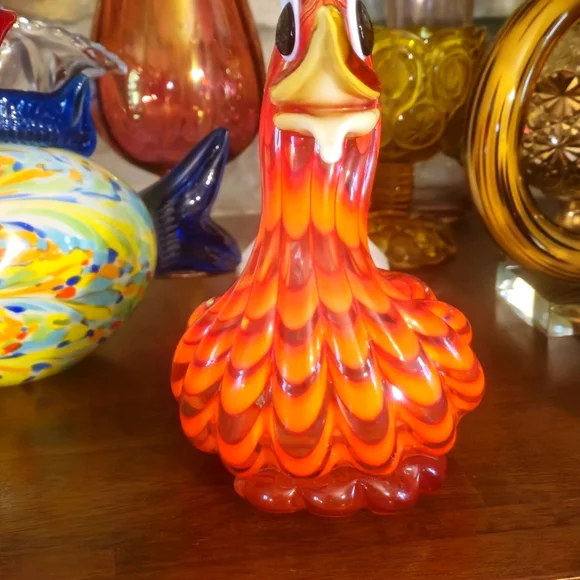Murano Style Type Duck 9"L x 5"W x 7"H - Vibrant Reddish Orange Swirl Colors - Picture 3 of 12